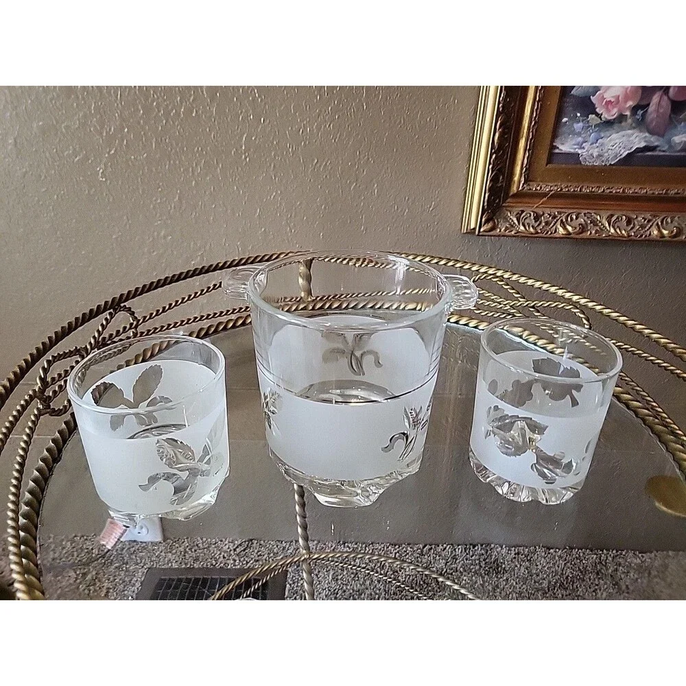 Ice Bucket Frosted & Glasses - Set Of 2 Italy 1960's 1970's Vtg